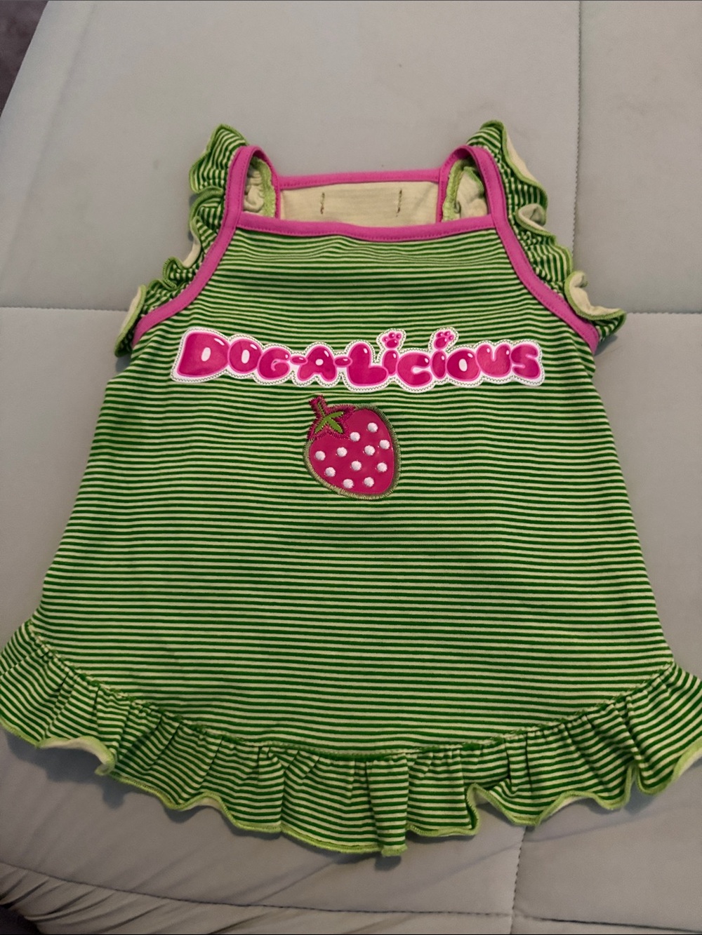 #0078 - Green & Pink Striped 'Dogalicious' Dog Dress